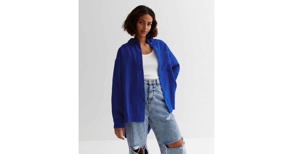 Petite Blue Cheesecloth Long Sleeve Oversized Shirt New Look