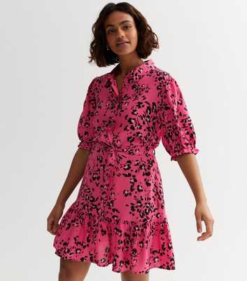 Petite Pink Animal Print Frill Belted Mini Shirt Dress