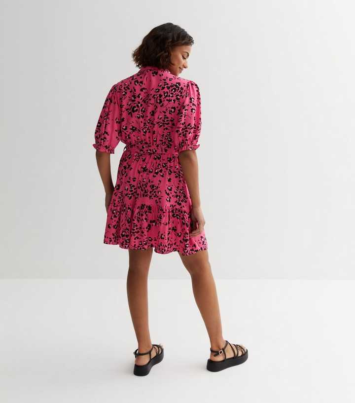 Petite Pink Animal Print Frill Belted Mini Shirt Dress | New Look