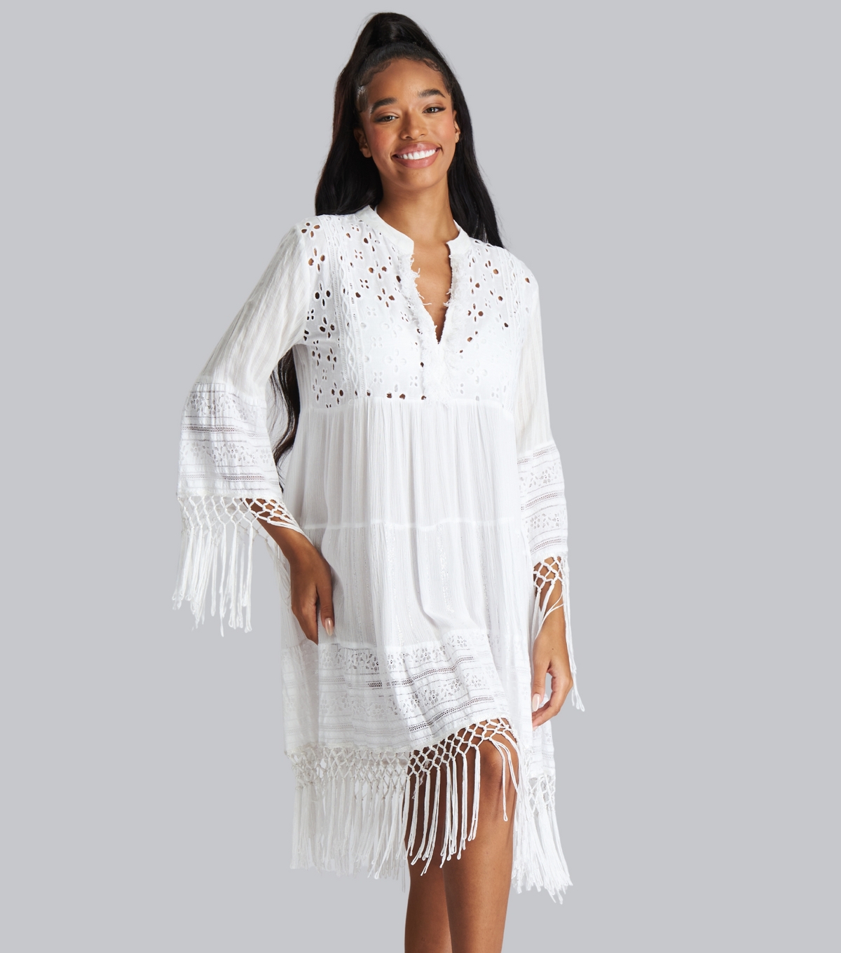 Women's White Broderie Lace Fringe Beach Dress South Beach New Look