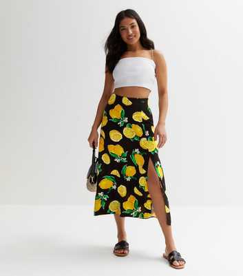 Petite Black Lemon Split Hem Midi Skirt