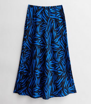 Petite Blue Marble Satin Bias Cut Midi Skirt New Look