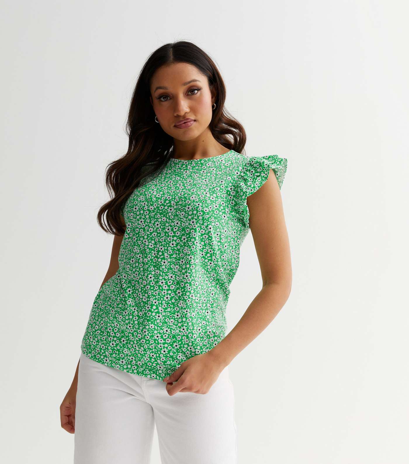 Petite Green Floral Jersey Frill Sleeve T-Shirt Image 2