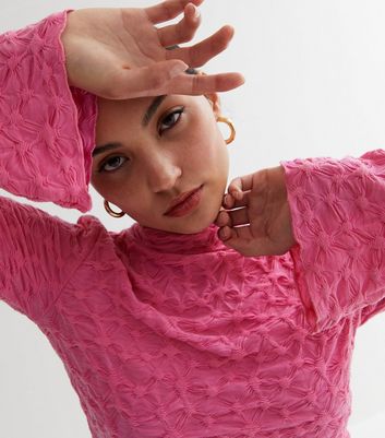Petite Mid Pink Jacquard Mesh High Neck Top
