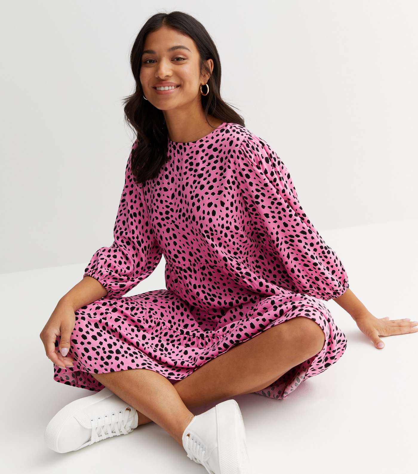 Petite Pink Leopard Print Puff Sleeve Midi Smock Dress Image 2