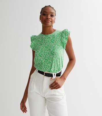 Tall Green Floral Crew Neck Frill Sleeve Top