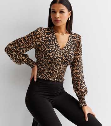 Brown Leopard Print Glitter Shirred Top