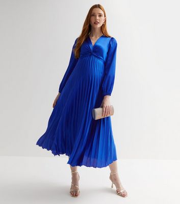 Maternity Blue Satin Twist Front Pleated Midi Dress