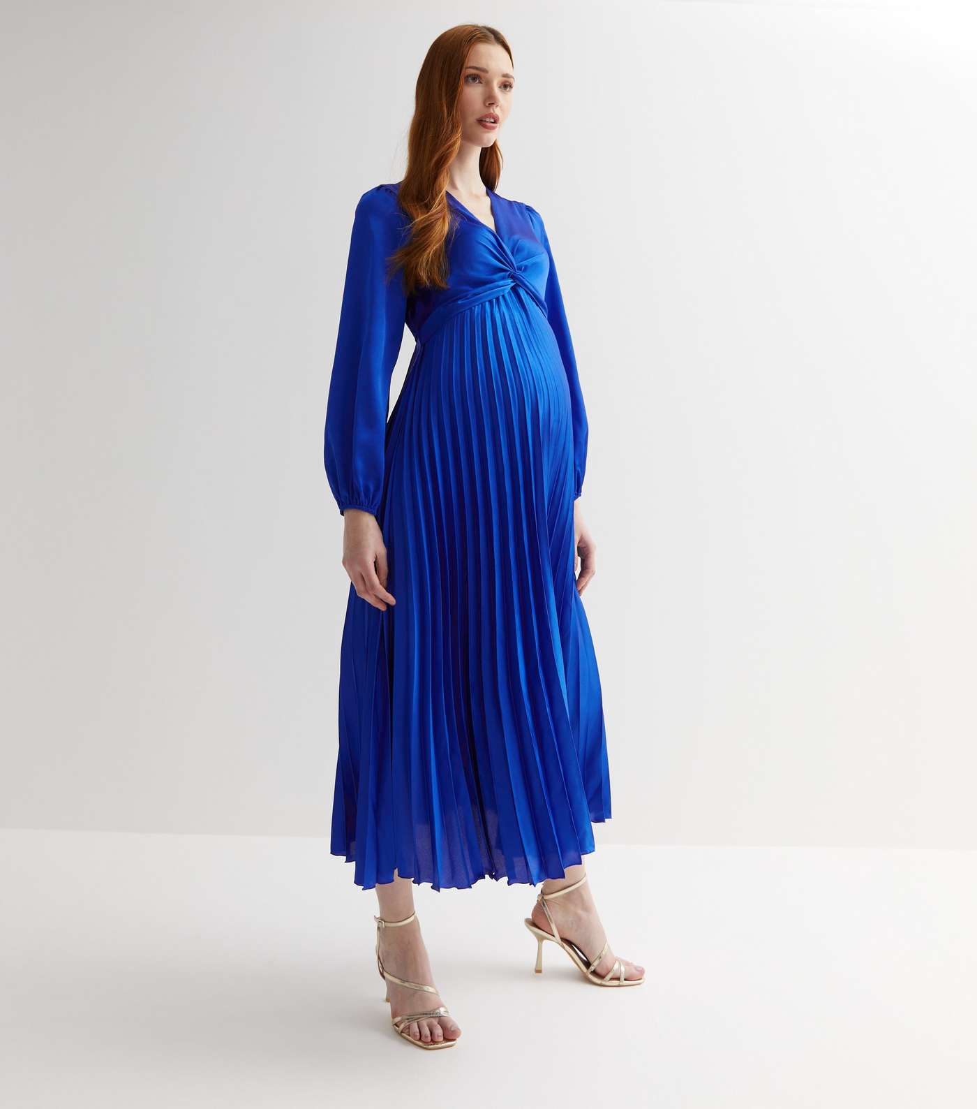 Maternity Blue Satin Twist Front Pleated Midi Dress Image 3