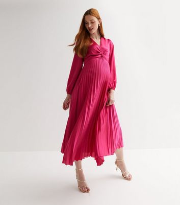 Maternity Bright Pink Satin Twist Front Pleated Midi Dress