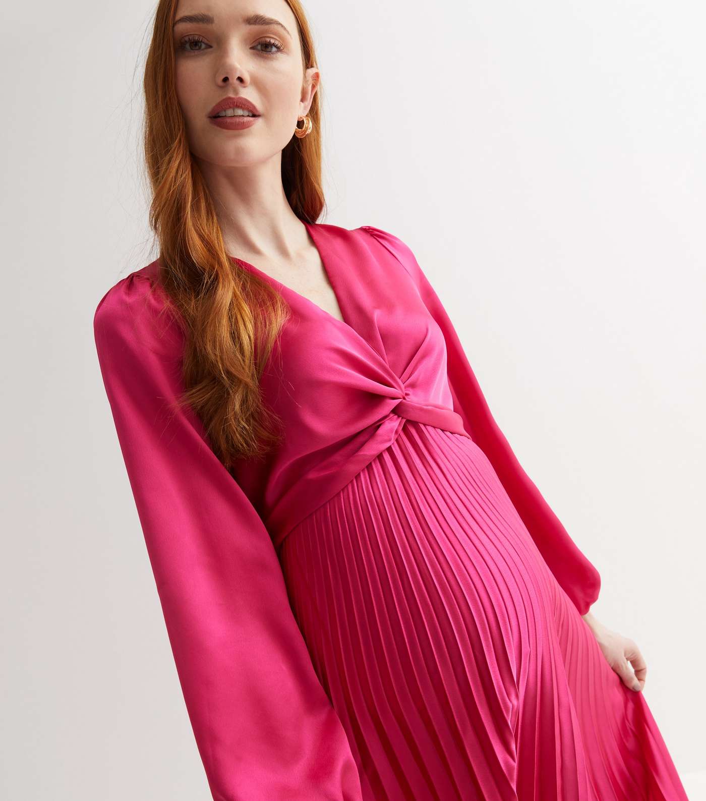 Maternity Bright Pink Satin Twist Front Pleated Midi Dress Image 2