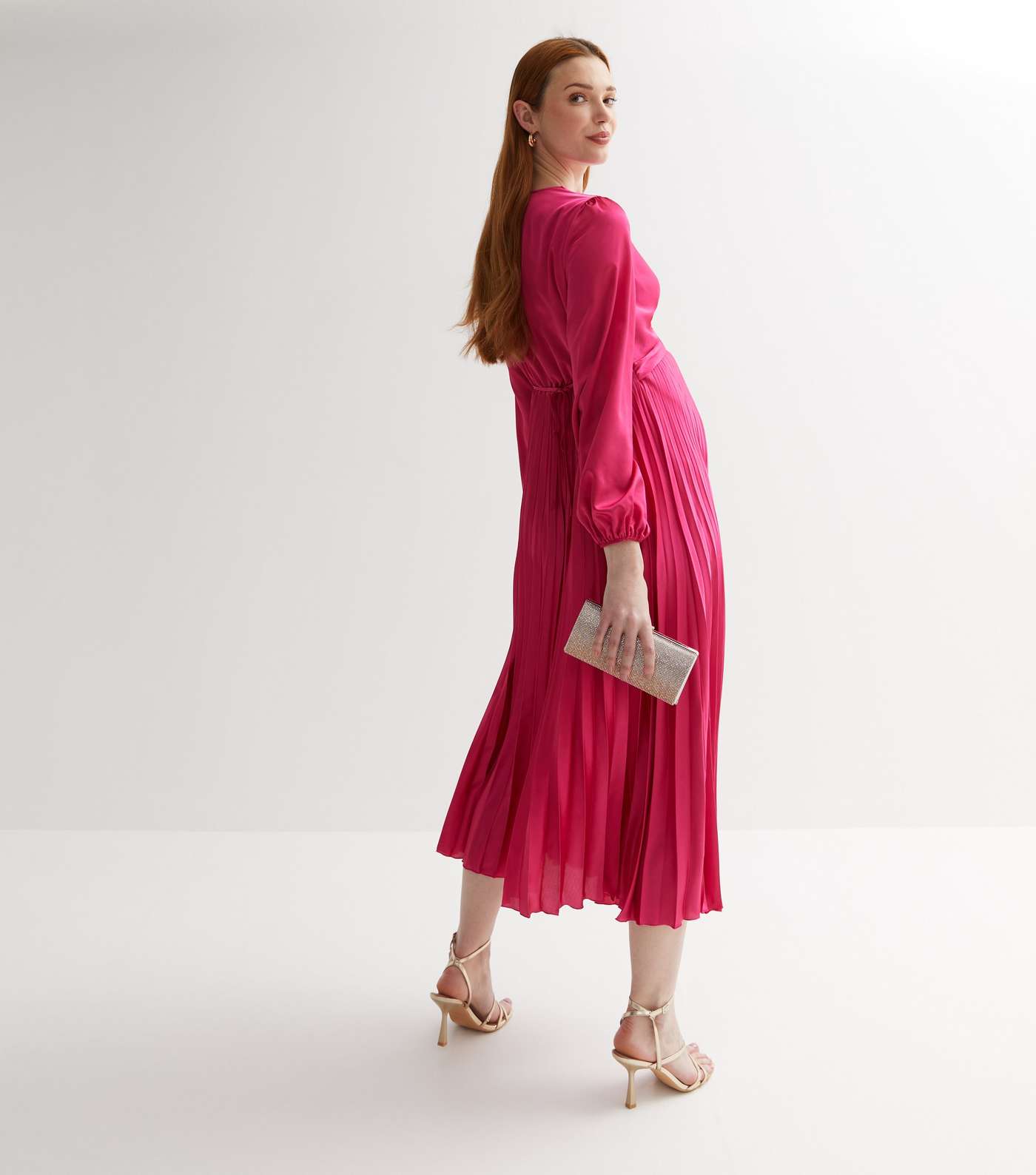 Maternity Bright Pink Satin Twist Front Pleated Midi Dress Image 4