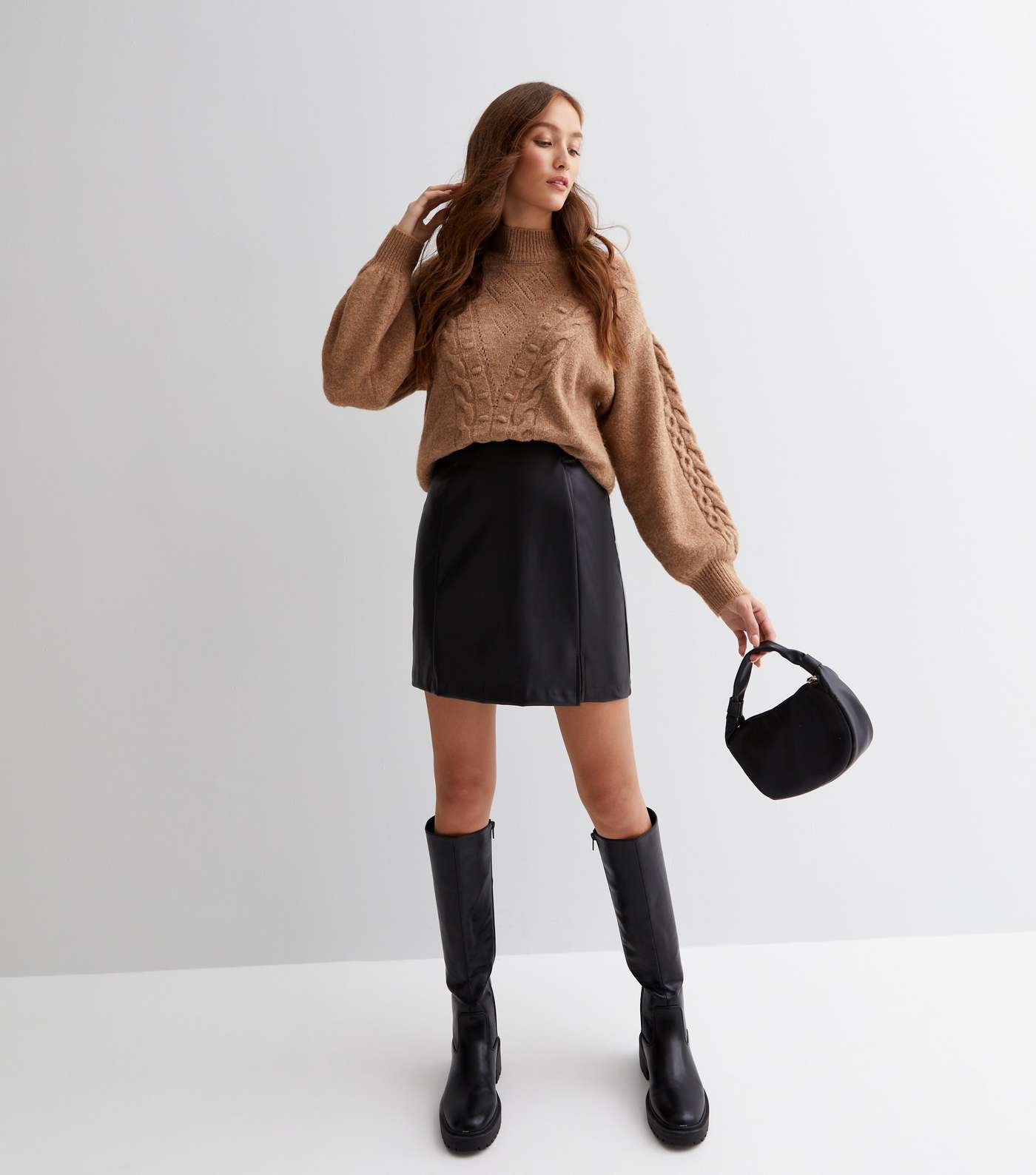 Black Leather-Look Split Hem Mini Skirt Image 3