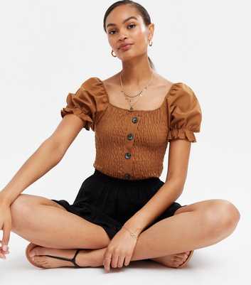 Missfiga Rust Shirred Square Neck Short Puff Sleeve Button Front Top