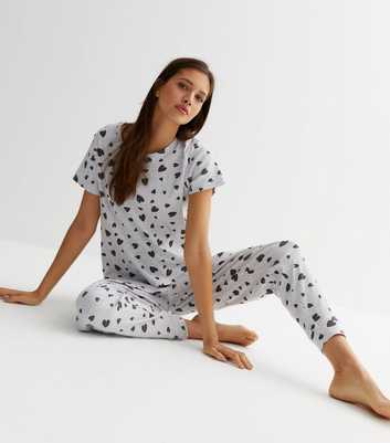 Light Grey Ribbed Jersey T-Shirt and Jogger Pyjama Set with Heart Print