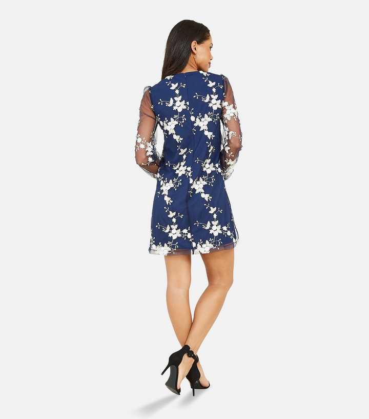 Yumi Navy Floral Embroidered Mesh Long Sleeve Mini Dress