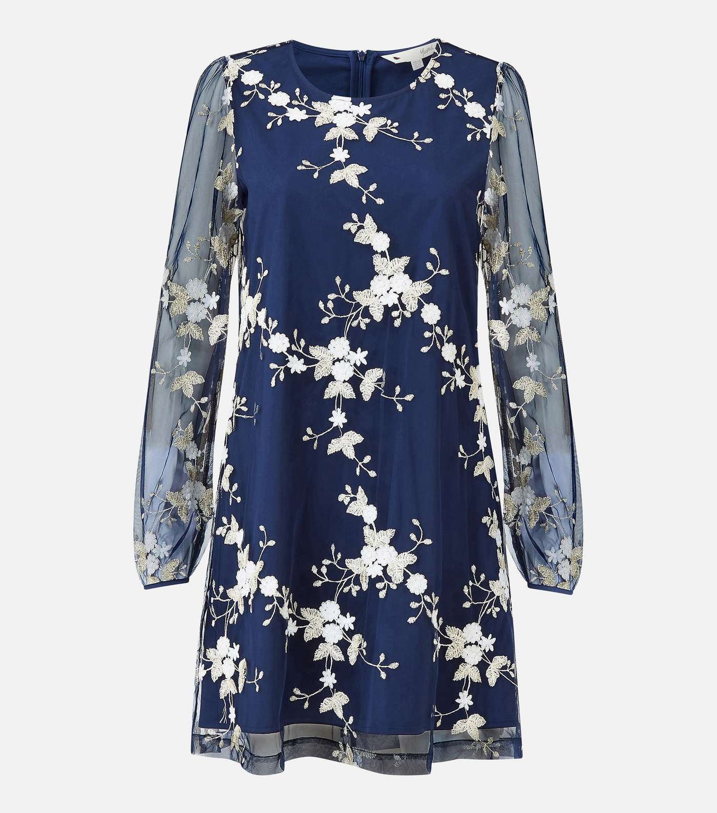 Yumi Navy Floral Embroidered Mesh Long Sleeve Mini Dress Image 5