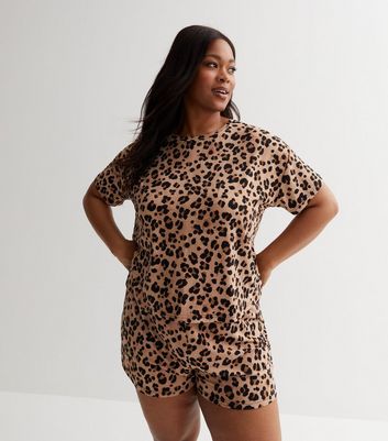 Curves Brown Leopard Print Soft Touch T-Shirt and Short Pyjama Set
