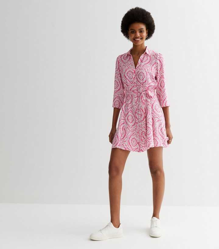 Pink Tile Print Belted Mini Shirt Dress