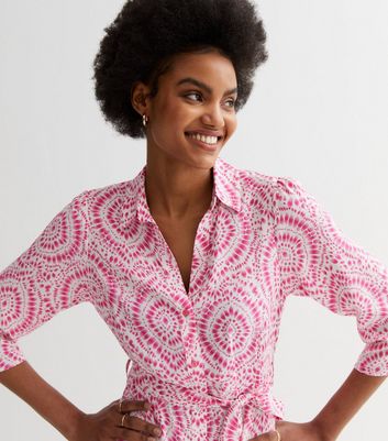 Pink Tile Print Belted Mini Shirt Dress New Look