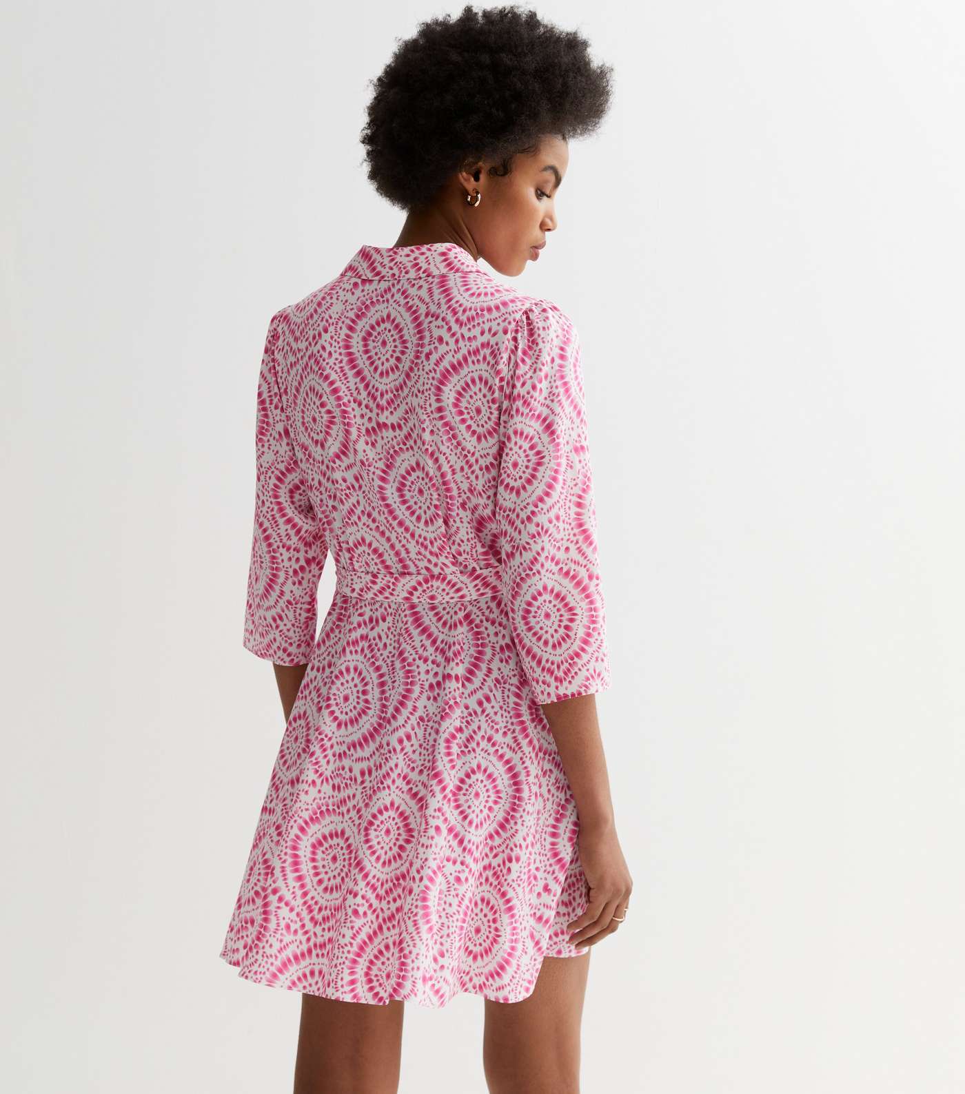 Pink Tile Print Belted Mini Shirt Dress Image 4