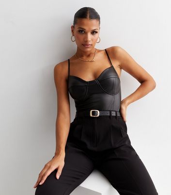 Cameo Rose Black Leather-Look Strappy Corset Bodysuit