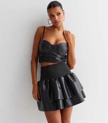 Cameo Rose Black Leather-Look High Waist Tiered Mini Skirt