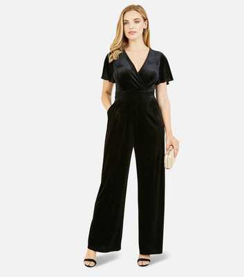 Yumi Black Velvet V Neck Short Flutter Sleeve Wide Leg Jumpsuit