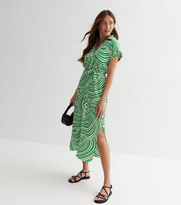 Green Doodle Print Midi Wrap Shirt Dress New Look