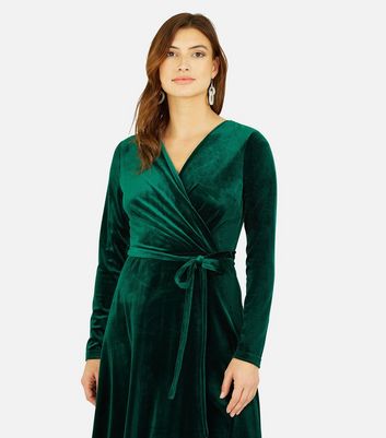 Yumi Green Velvet V Neck Long Sleeve Midi Wrap Dress New Look