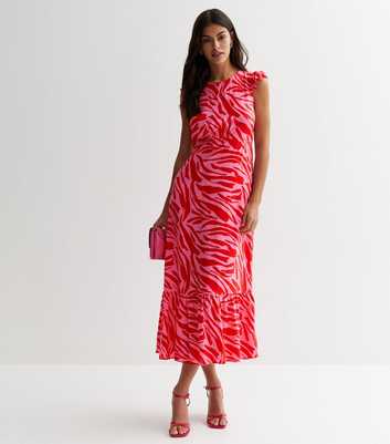 Pink Zebra Print Frill Detail Midi Dress