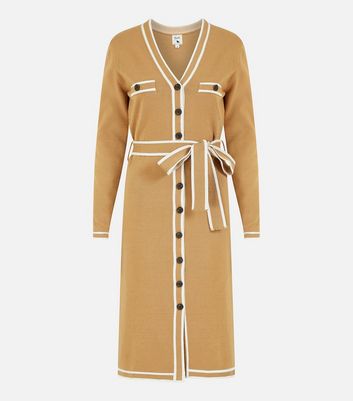 Yumi Camel Knit Long Sleeve Belted Midi 