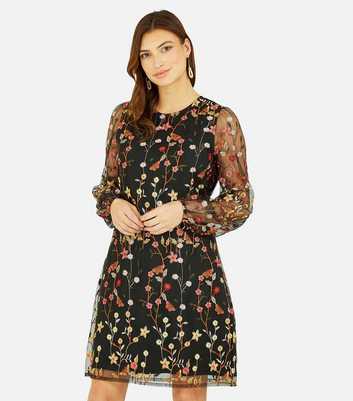 Yumi Floral Embroidered Round Neck Long Sleeve Mesh Mini Dress