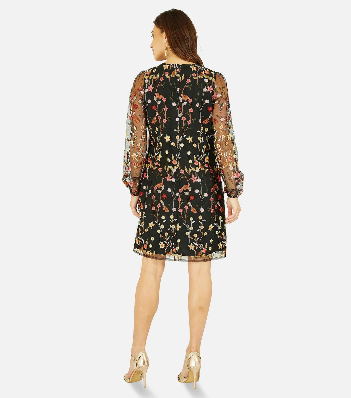 Yumi Floral Embroidered Round Neck Long Sleeve Mesh Mini Dress Image 3