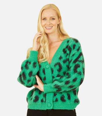 Yumi Green Fluffy Leopard Print Cardigan