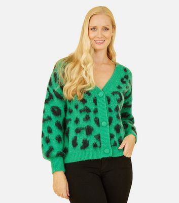 Yumi Green Fluffy Leopard Print Cardigan | New Look