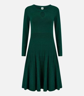 Yumi Green Glitter Long Sleeve Keyhole Pleated Mini Skater Dress New Look