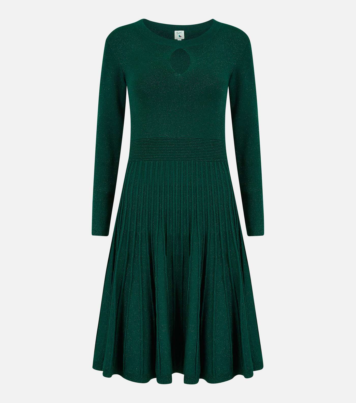 Yumi Green Glitter Long Sleeve Keyhole Pleated Mini Skater Dress Image 6