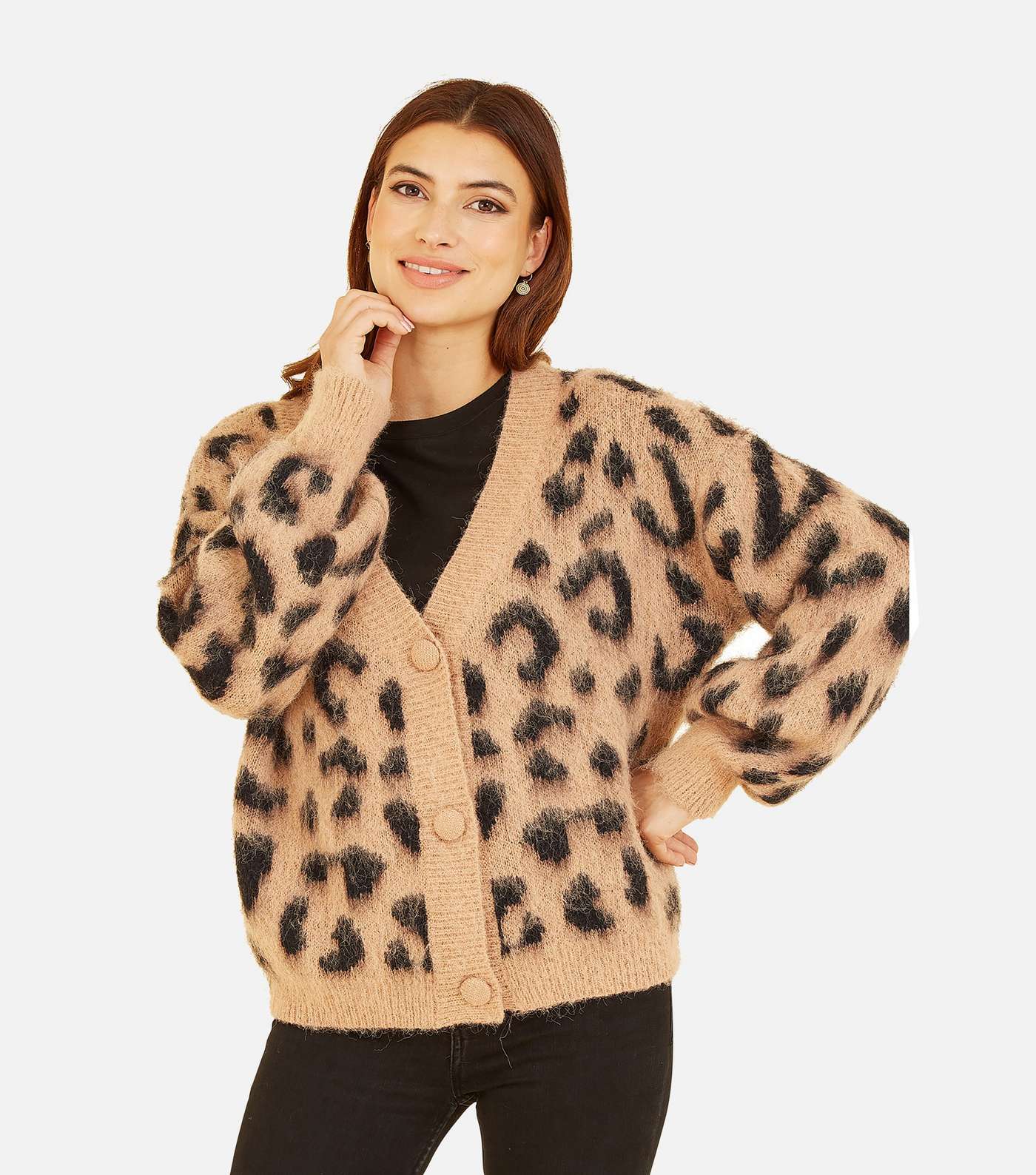 Yumi Brown Fluffy Leopard Print Cardigan Image 3