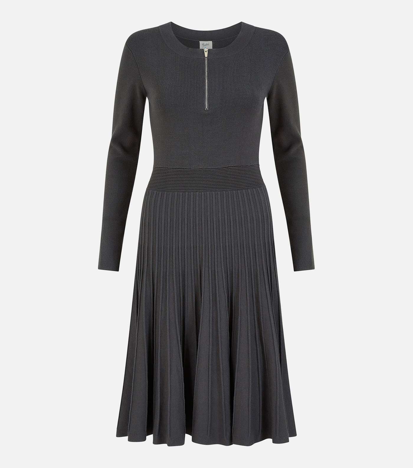 Yumi Dark Grey Knit Pleated Skater Dress Image 5