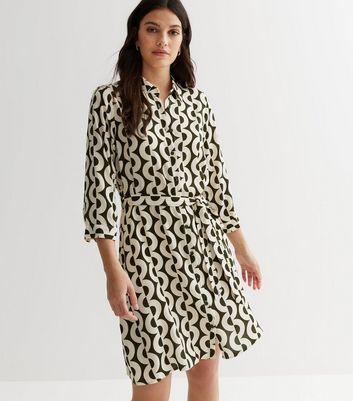 Green Geometric Pleated Belted Mini Shirt Dress