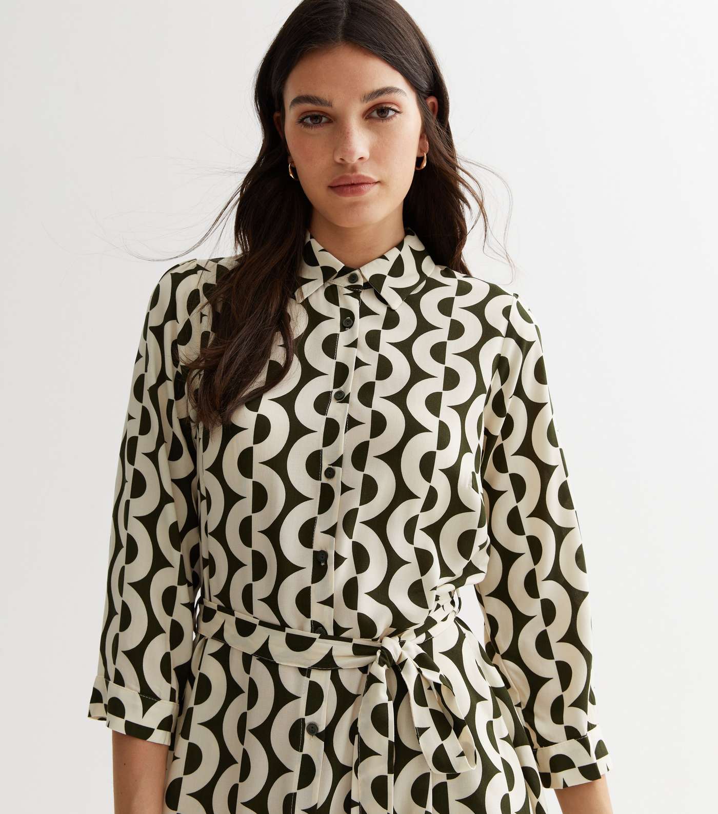 Green Geometric Pleated Belted Mini Shirt Dress Image 3