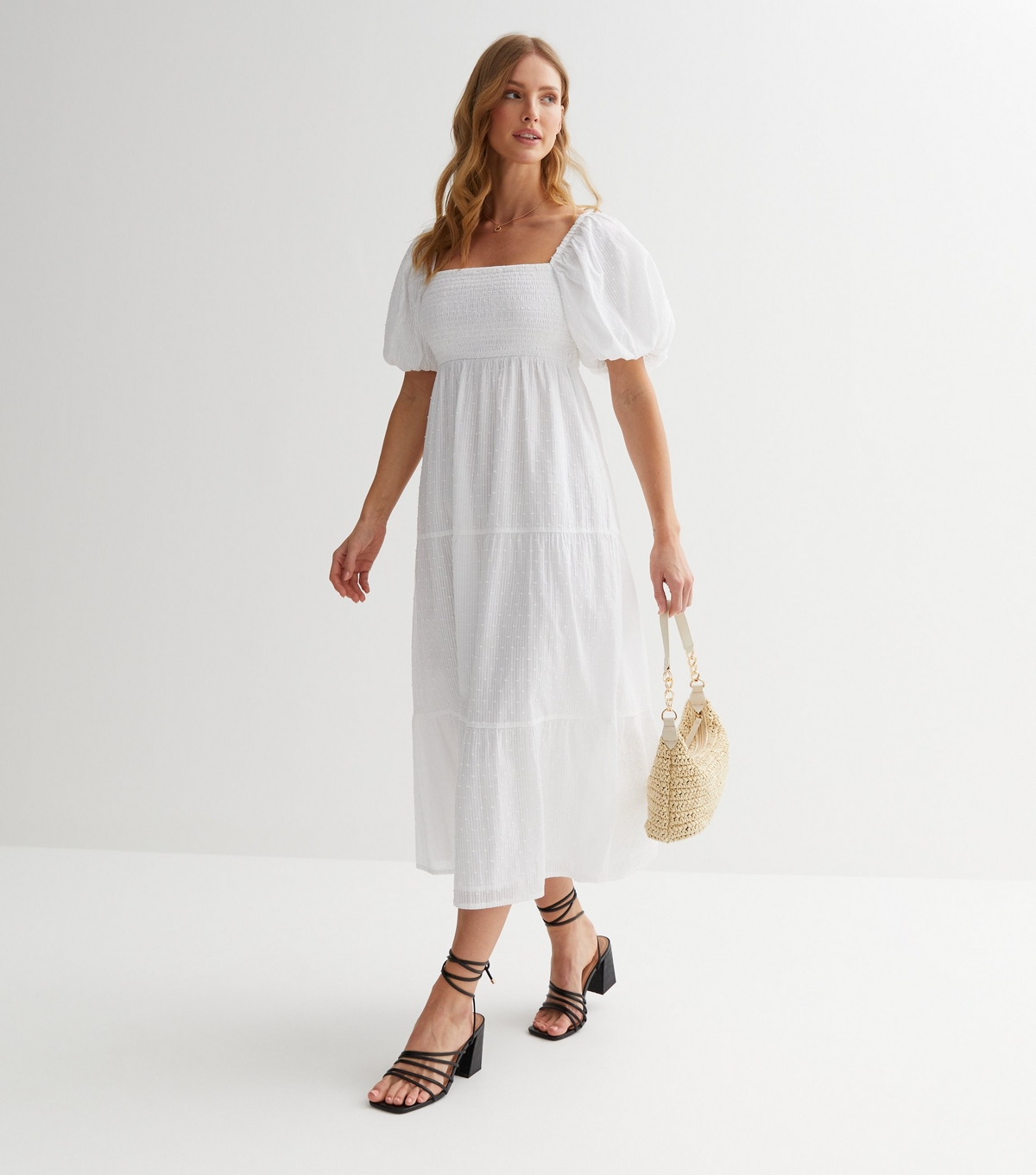 Women's White Textured Cotton Puff Sleeve Midi Dress New Look