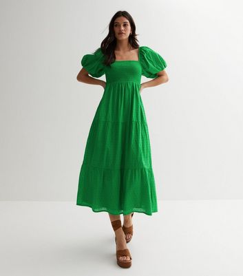 Green Textured Cotton Puff Sleeve Midi Dress | New Look