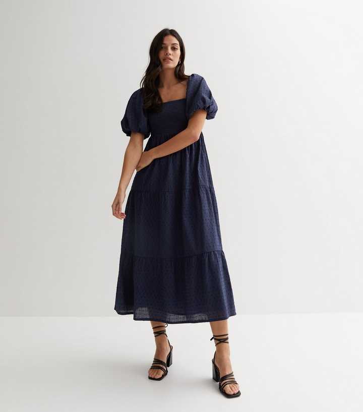 Navy Textured Cotton Puff Sleeve Midi Dress