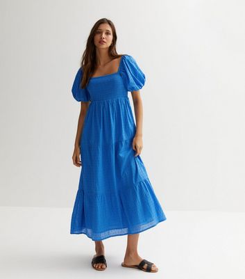 Bright Blue Textured Cotton Puff Sleeve Midi Dress | New Look