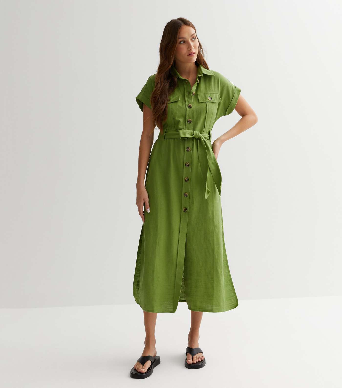 Olive Belted Utility Midi Dress Image 3
