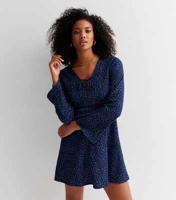 Blue Leopard Print Crinkle Jersey Long Flared Sleeve Mini Dress