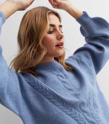 Sunshine Soul Blue Cable Knit High Neck Long Balloon Sleeve Jumper