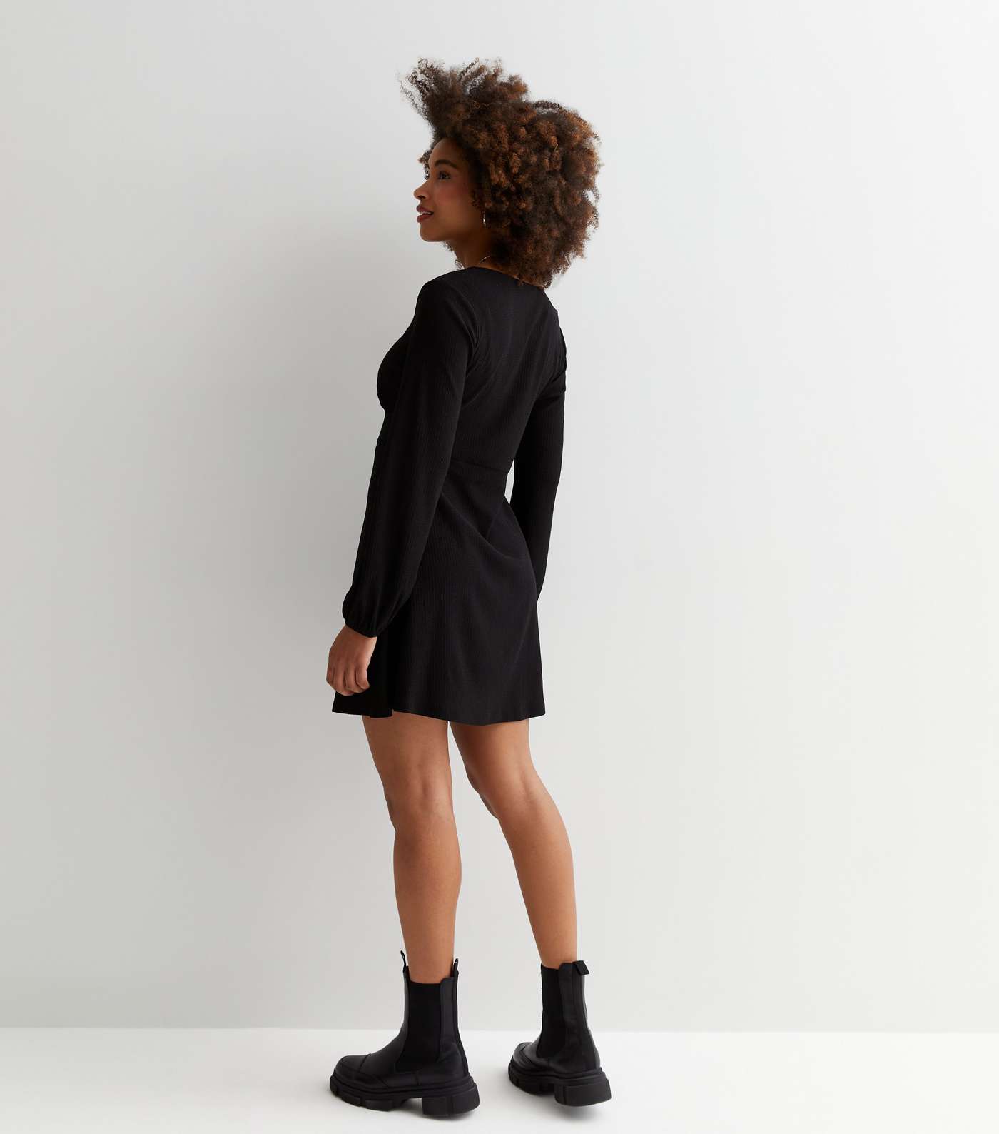 Black Crinkle Jersey Long Sleeve Mini Dress Image 2